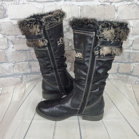 s.Oliver  Winter Tall Leather Boots Lined Faux Fur Black Size 38 - Picture 9 of 16